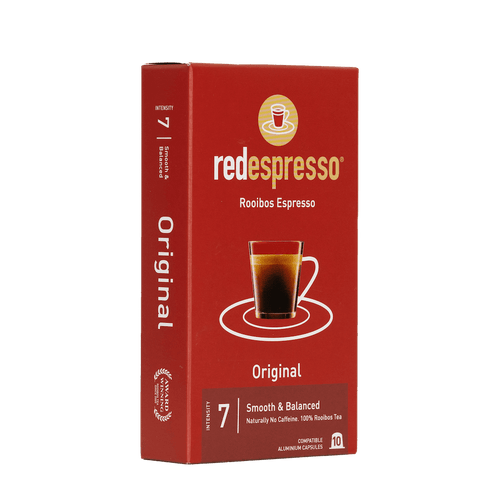 Red espresso Original Packung - 10 Kapseln für Nespressomaschine - Produktfoto auf weißem Hintergrund - Verkauft von Rooibesso in Deutschland