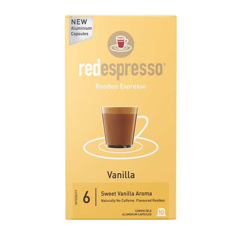 Red espresso Vanilla Packung - 10 Kapseln für Nespressomaschine - Produktfoto auf weißem Hintergrund - Verkauft von Rooibesso in Deutschland