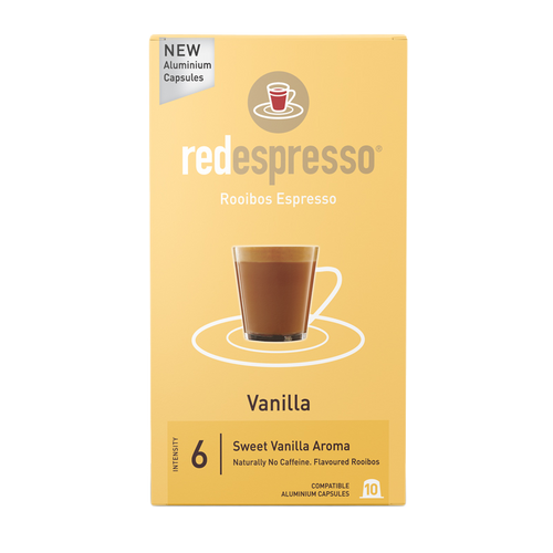 Red espresso Vanilla Packung - 10 Kapseln für Nespressomaschine - Produktfoto auf weißem Hintergrund - Verkauft von Rooibesso in Deutschland